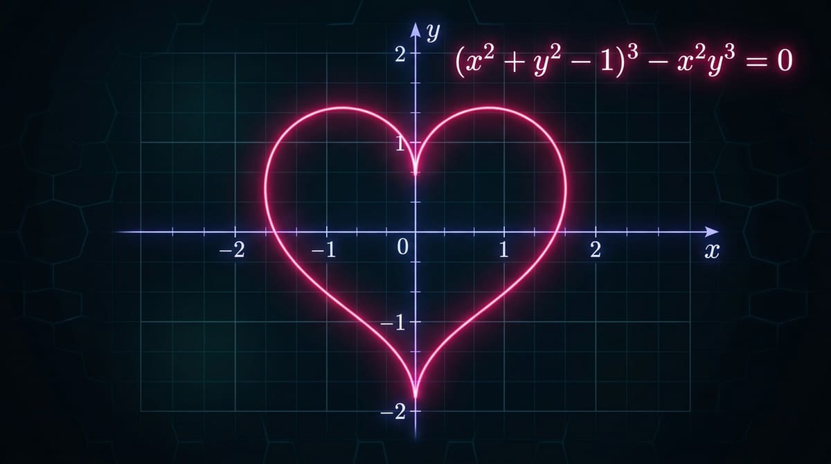 Cartesian Heart Curve (x^2 + y^2 - 1)^3 - x^2 y^3 = 0 plotted on 2D coordinate plane