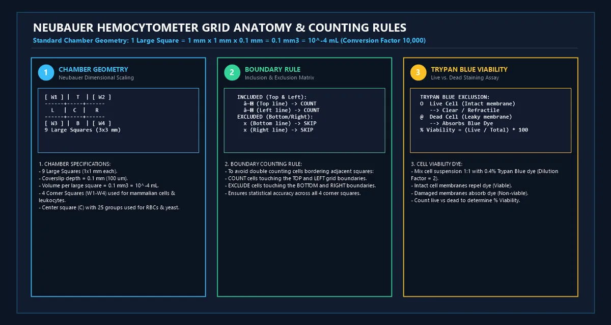 Neubauer Hemocytometer Grid Anatomy and Counting Rules