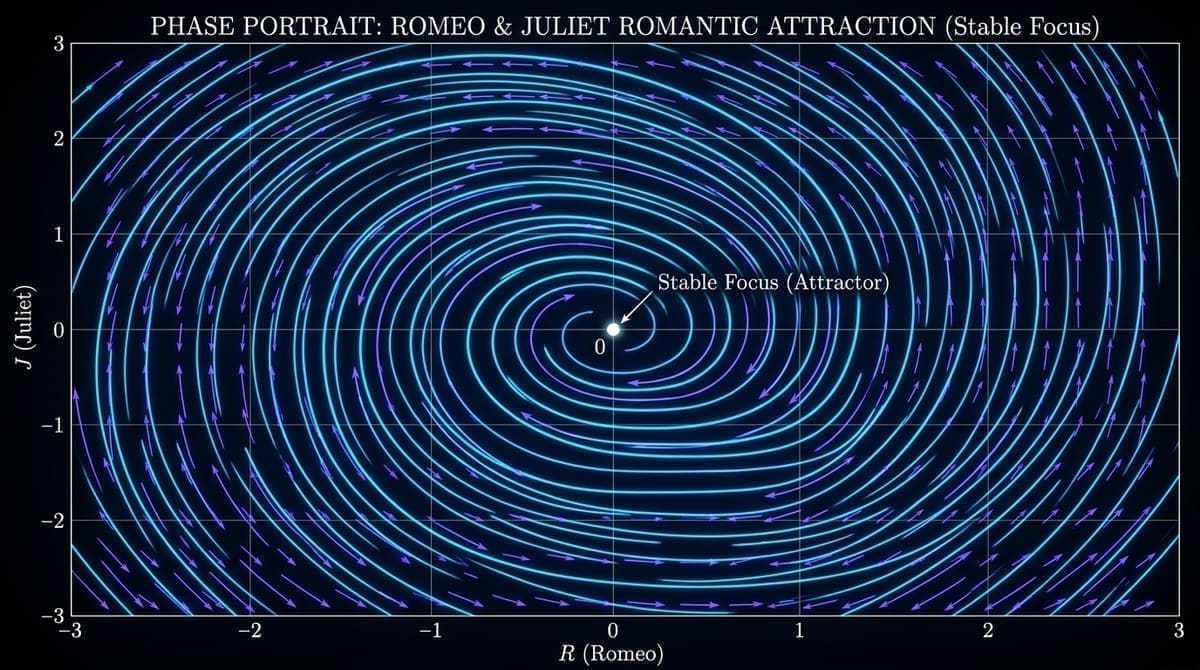 Phase Portrait vector field of Romeo and Juliet romantic differential equations