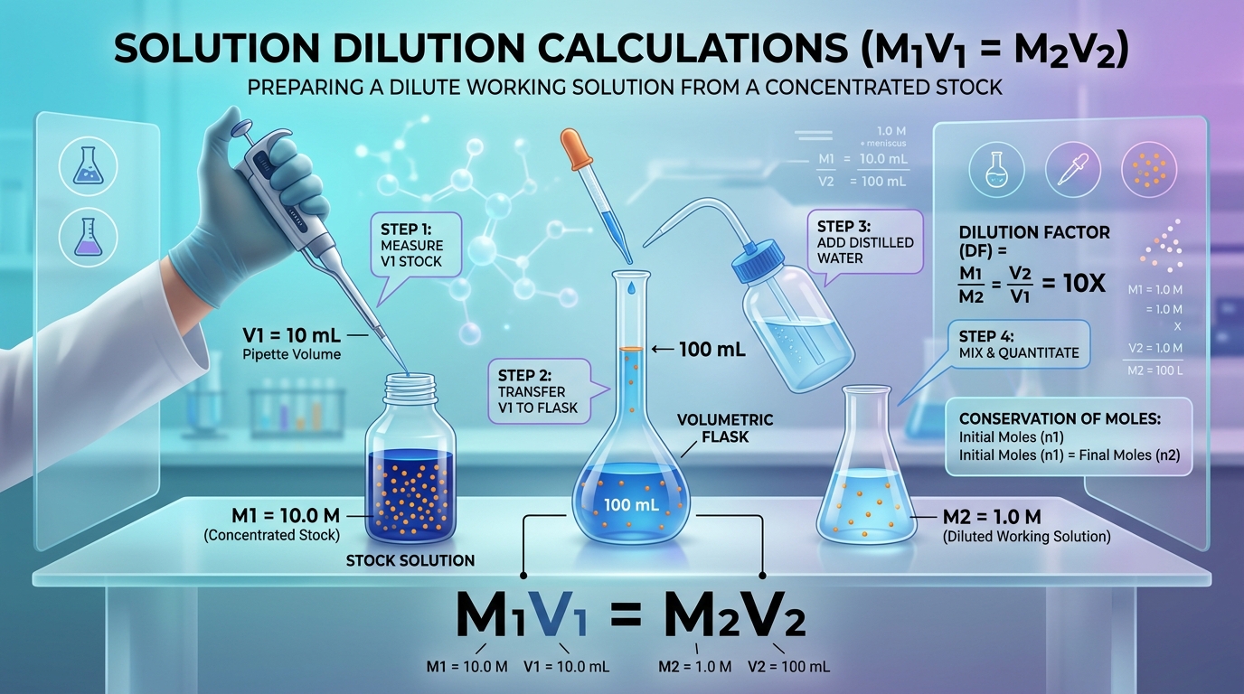 Solution Dilution Calculations: M1V1 = M2V2 Laboratory Workflow