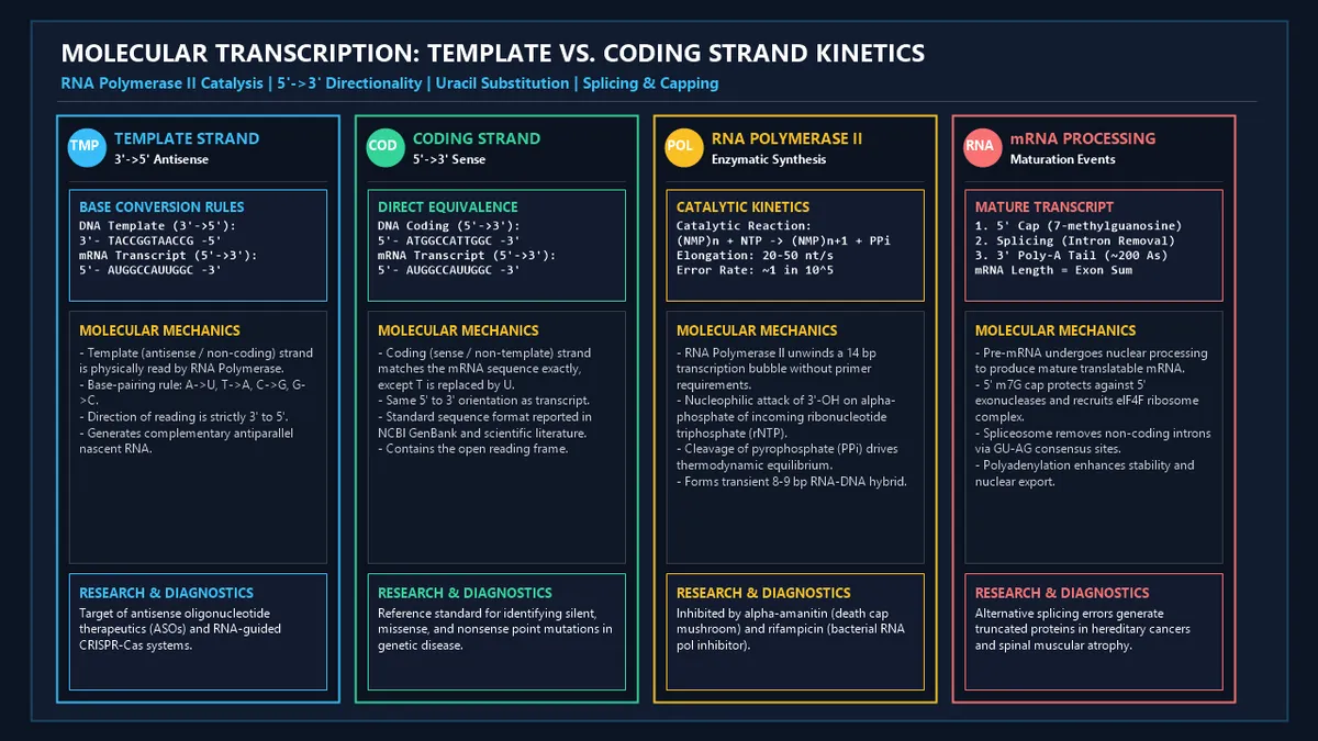 Molecular Transcription: Template vs. Coding Strand Kinetics