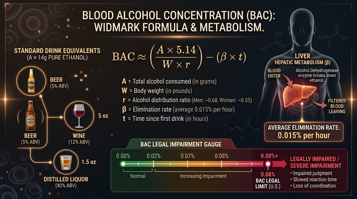 Blood Alcohol Concentration (BAC): Widmark Formula & Metabolism Infographic