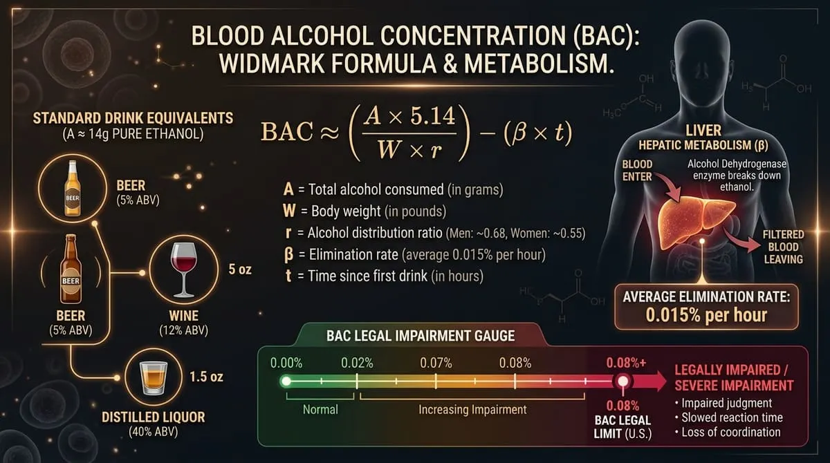 Blood Alcohol Concentration (BAC): Widmark Formula & Metabolism Infographic